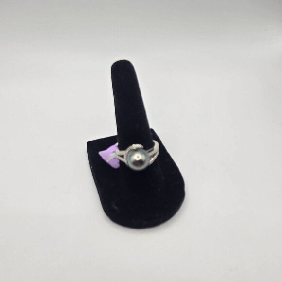 New Gray Tahitian Pearl Sterling Silver Rind Size 7 Diamond Accent 10mm - Picture 7 of 10